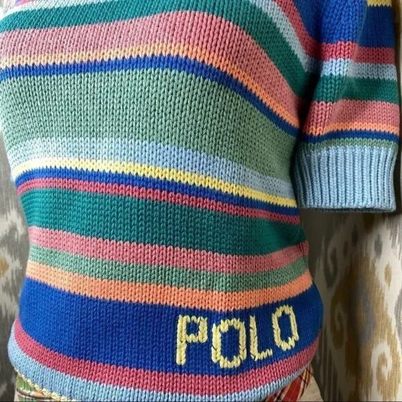 Polo Ralph Lauren Sky Blue Sun Bleached Multi Stripe Short Sleeve Sweater - Picture 8 of 16